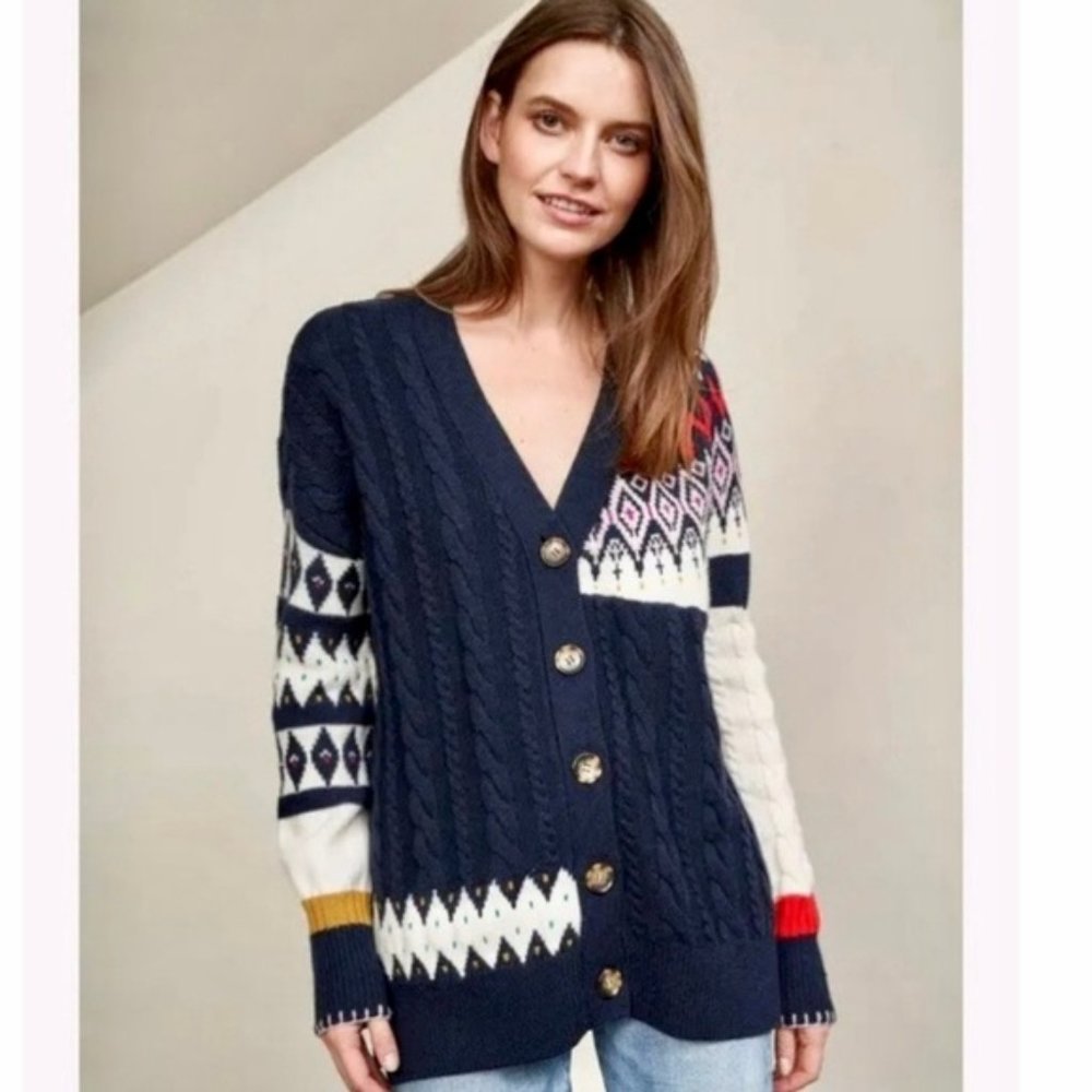 NWT La Ligne Fair Isle Patchwork Cardigan, Size Large